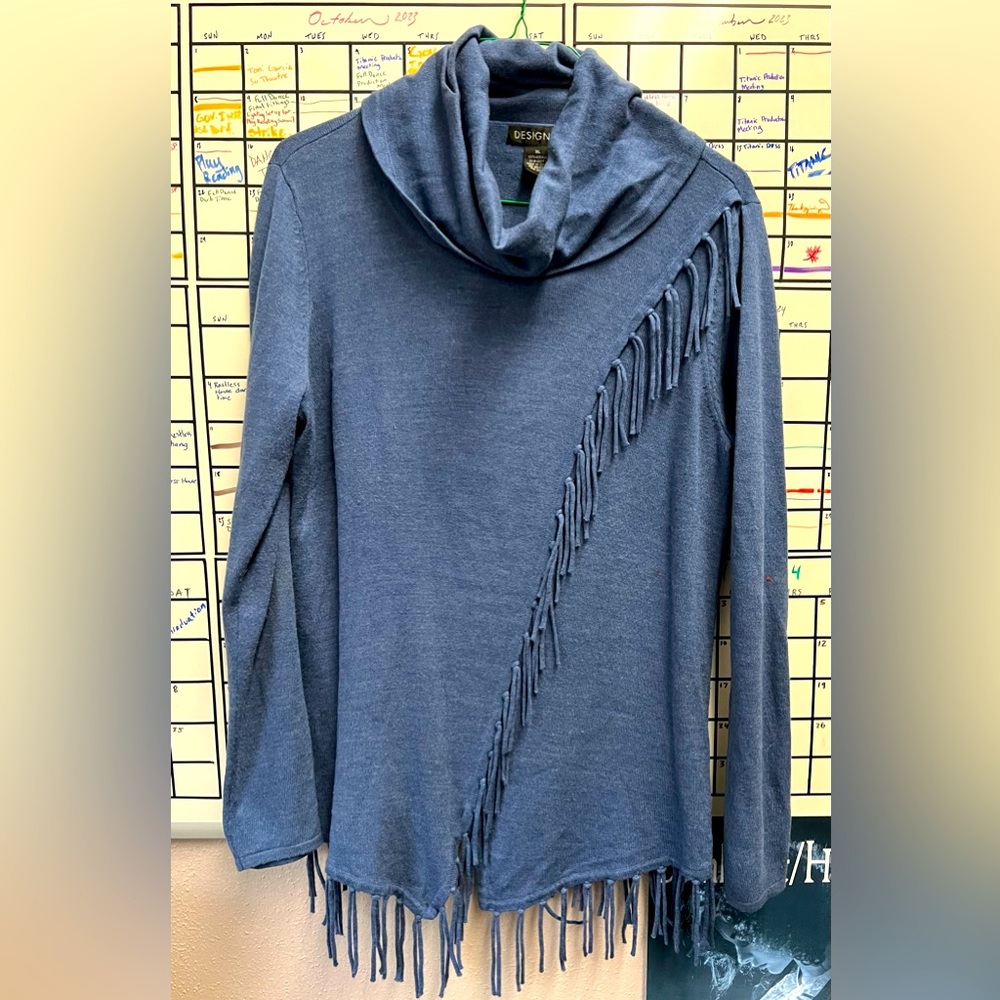 Ladies cowl neck, fringed sweater